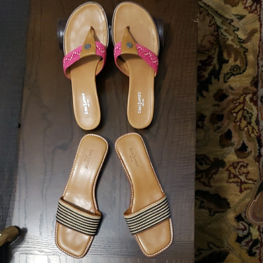 Eric Javits Tan and Black Striped Sandals